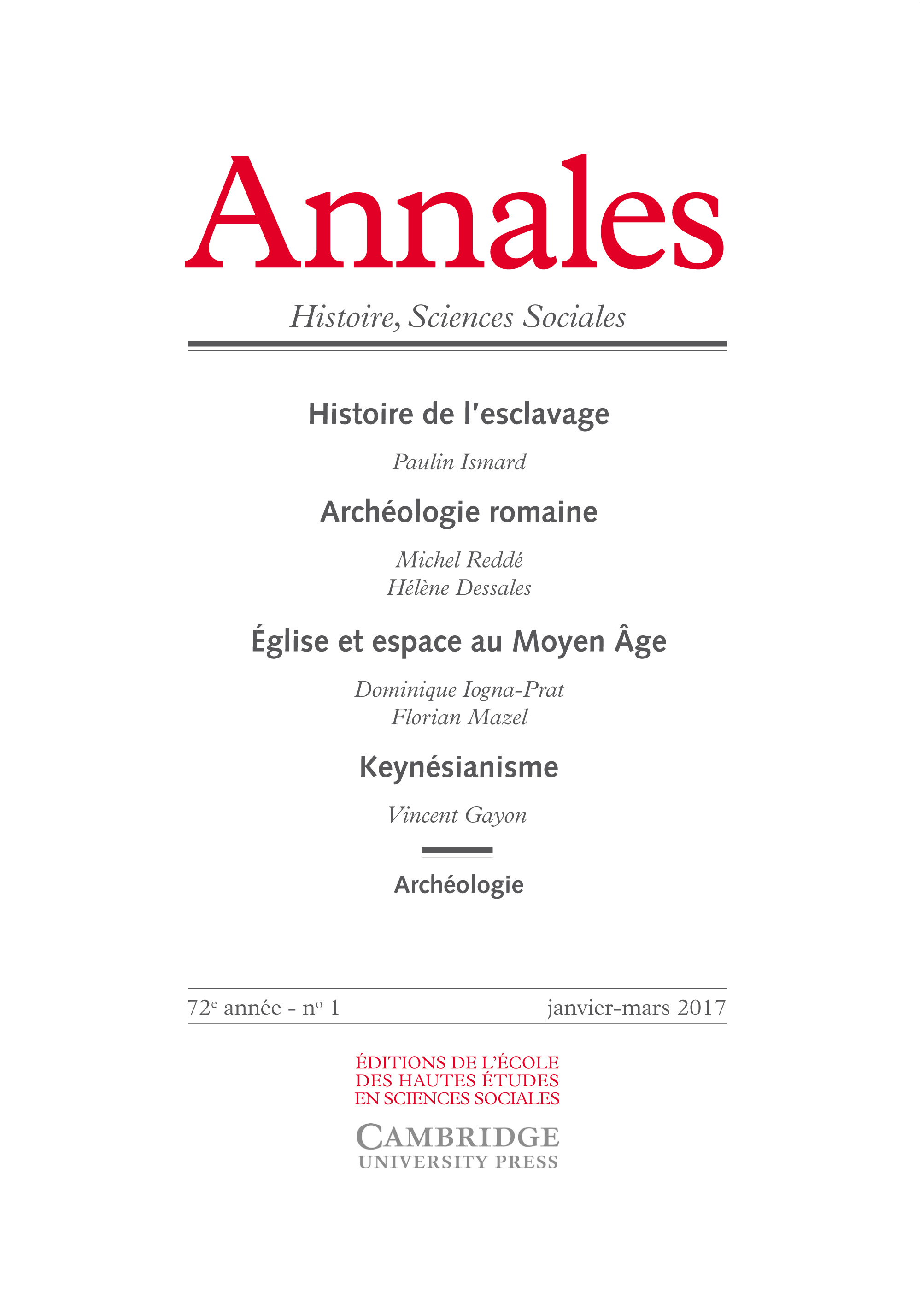 2017/1 - Histoire de l'esclavage – Archéologie romaine – Église et espace au moyen âge – Keynésianisme